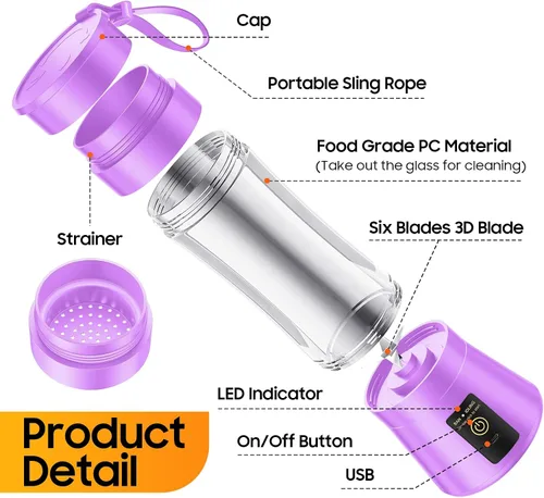 Vista 9 de Licuadora portátil inalámbrica de tamaño personal, licuadora de 12 onzas para batidos y batidos con taza de jugo de viaje sin BPA, 6 cuchillas