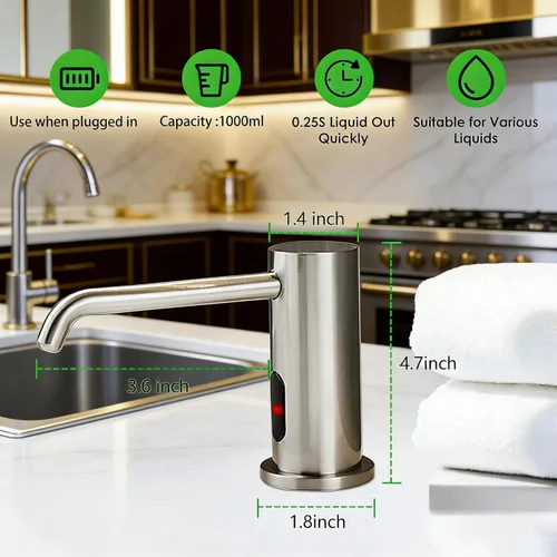 Vista 2 de Dispensador automático de jabón sin contacto para cocina y baño, dispensador de jabón líquido eléctrico de níquel cepillado integrado con gran