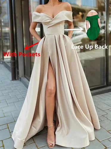 Vista 2 de SoDigne Vestidos de graduación con hombros descubiertos y abertura larga para mujer, vestido de fiesta de noche formal de satén con bolsillos
