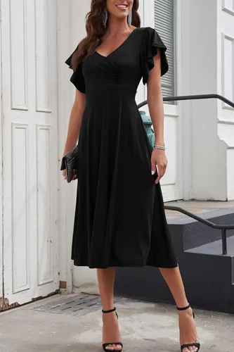 Vista 8 de PRETTYGARDEN Vestido midi de verano 2023 para mujer, manga casquillo con volantes, cuello en V, acampanado, vestido de cóctel