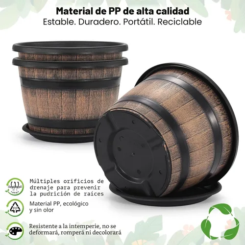 Vista 3 de Quarut Paquete de 3 macetas grandes de plástico de 16 pulgadas, macetas de barril de whisky con agujeros de drenaje y platillo. Macetas de flores