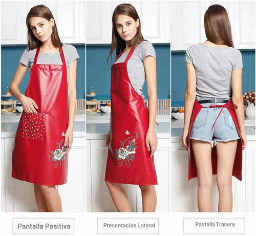 Vista 4 de Aceite de cocina de PU y delantales impermeables para mujeres con bolsillo para cocinar y lavar