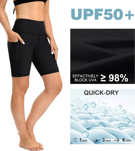 Vista 4 de Blouty Pantalones cortos de natación de cintura alta de 7 pulgadas con bolsillos UPF50+ pantalones cortos de natación para mujer con forro