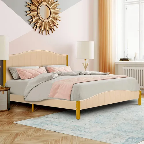 Vista 3 de Giantex Base de cama tapizada de tamaño matrimonial, base de cama moderna con cabecera acolchada, base de colchón con soporte de listones de madera