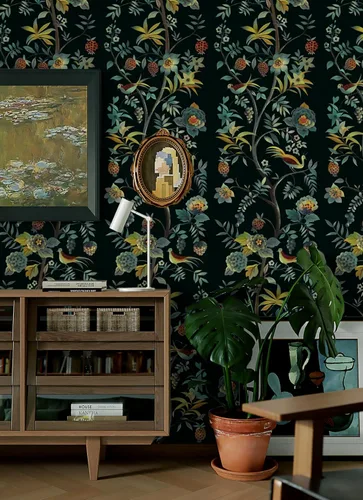 Vista 3 de Toduso Papel tapiz para despegar y pegar, papel tapiz floral vintage, papel de contacto con flores verdes, pájaros, árbol, papel de contacto