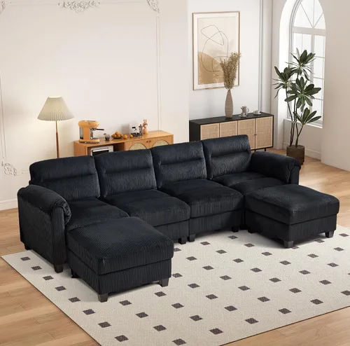 Vista 52 de HAOMARKETS Sofá esquinero modular en forma de L de 115 pulgadas con 2 otomanas móviles, sofás de pana de 8 plazas con cojín grueso para sala de Beige