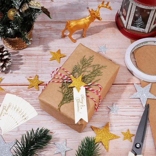 Vista 5 de Cholemy Juego de papel de regalo de Navidad de 15.7 pulgadas x 65.6 pies con ramas de pino natural, papel de estraza de algodón, calcomanías