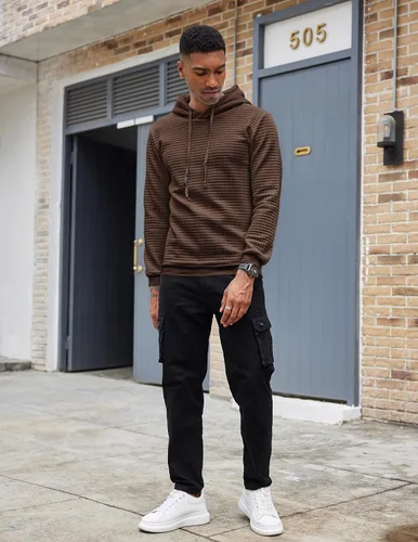 Vista 4 de COOFANDY - Sudadera con capucha para hombre, casual, de manga larga, con cordón ajustable y punto gofre