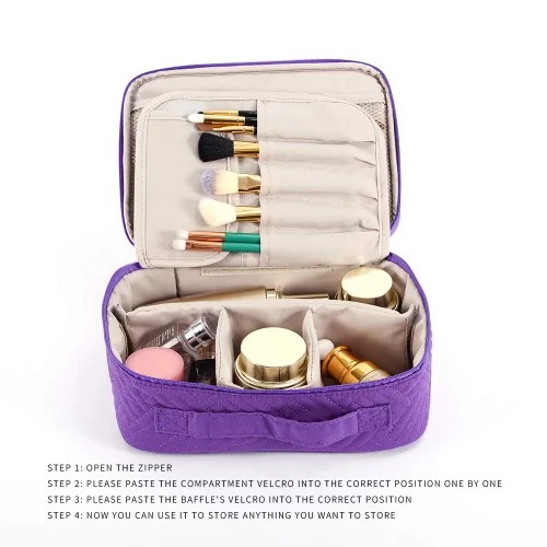Vista 6 de WEIBIN Bolsa de maquillaje de viaje, bolsa de aseo personal, organizador de cosméticos con divisores ajustables y soporte para brochas para bolso