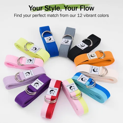 Vista 8 de Correa de yoga Slim Panda para estiramiento, Correa de yoga de algodón con hebilla ajustable en forma de D, Correa de yoga no elástica para pilates
