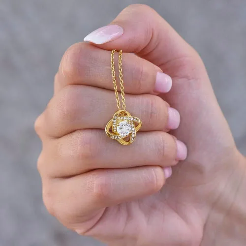 Vista 5 de Regalo para hija, collar con colgante de nudo de amor con caja de regalo y tarjeta de mensaje de calentamiento de corazón, fabricado en los Estados