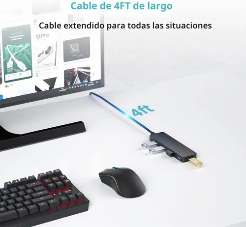 Vista 4 de Concentrador USB, 3.0 de 4 puertos ultradelgados de datos USB con cable extendido de 4 pies compatible con MacBook, Mac Pro, Mac mini, iMac, Surface