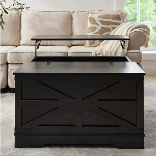 Vista 3 de Mesa de centro negra con almacenamiento, mesa de cóctel con parte superior elevadora con bisagras, mesa central cuadrada de madera con gran