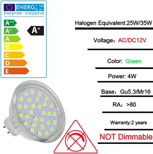 Vista 2 de 12V bajo voltaje MR16 GU5.3 Base LED 4W Bombilla verde equivalente a 20W 35W Luz halógena para iluminación de pista de inundación de paisaje al aire