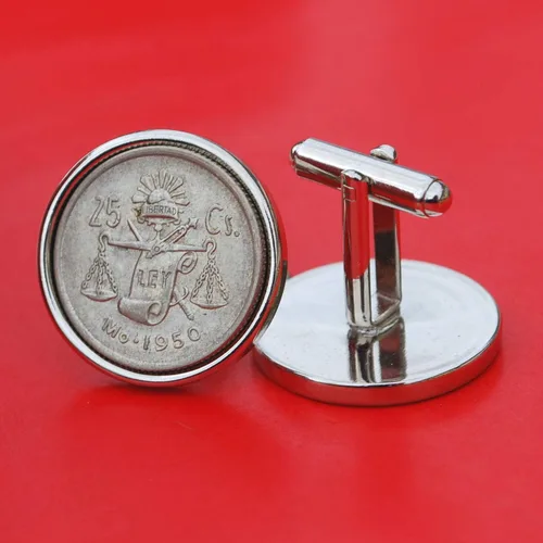Vista 2 de Mexico 1950 25 Centavos 30% Silver Coins Eagle Snake Scale Liberty Cap Cufflinks NEW