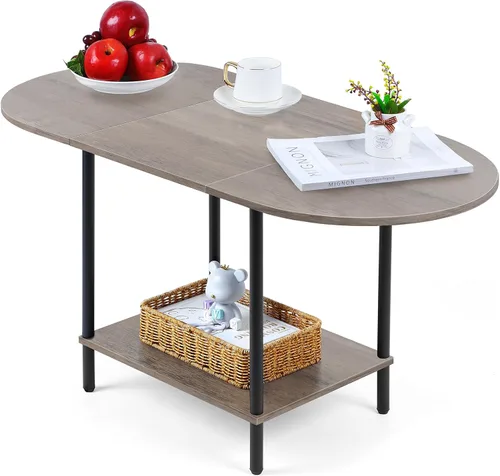 Vista 8 de Shinoske - Mesas de centro para sala de estar, mesa de centro de 2 niveles, mesa central ovalada pequeña de estilo industrial moderno con estante