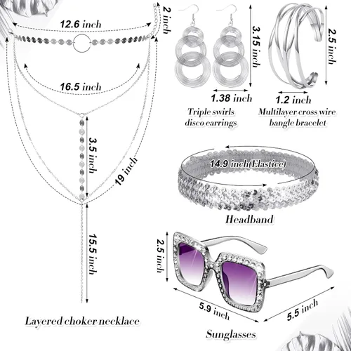 Vista 2 de Kigeli 5 piezas de accesorios de discoteca de los años 70, pulsera de espiral, aretes de disco con gafas de sol, gargantilla en capas, diadema