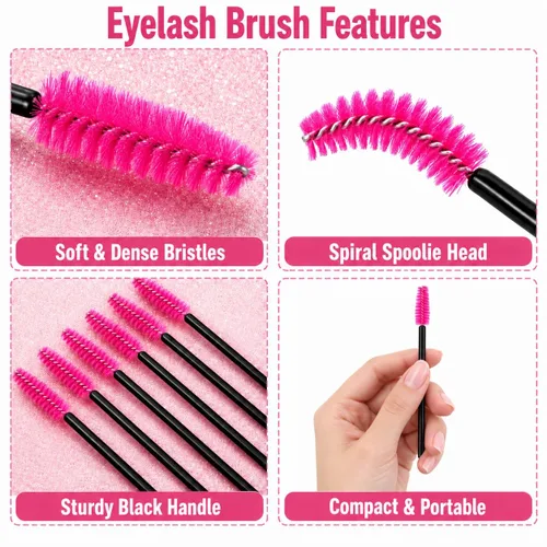 Vista 3 de G2PLUS 100 unidades de cepillos desechables para pestañas, varillas aplicadoras de rímel rosa, juegos de cepillos de maquillaje, cepillos de bobina