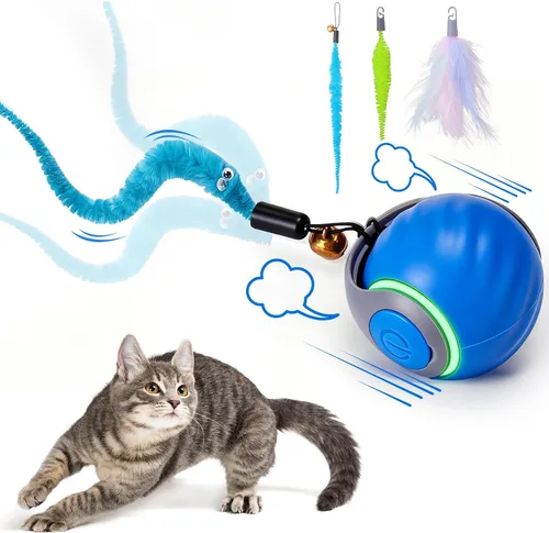 Vista 11 de BABORUI Paquete de 2 bolas interactivas azules de juguete para gatos, juguetes interactivos automáticos para gatos de interior con 3 colas, 2