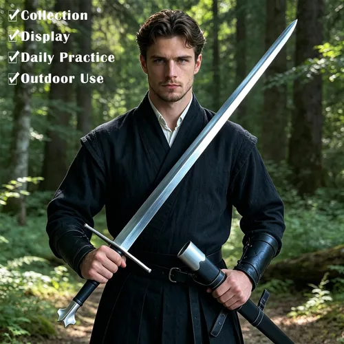 Vista 3 de Medieval Full Tang Spring Steel Western Italian Long Sword with Scabbard for Outdoor Use, Practice, Collection