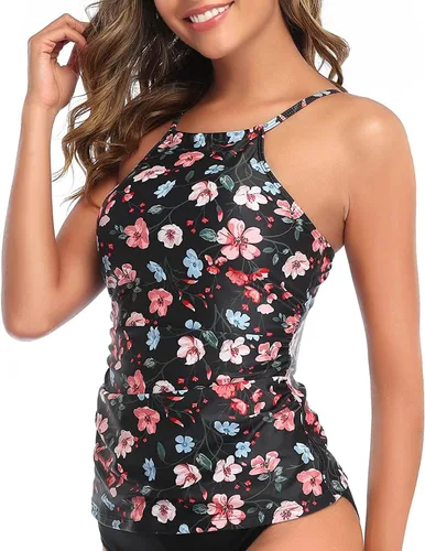 Vista 3 de Tempt Me Top tankini para mujer, con cuello alto, control de abdomen, parte superior fruncida, sin parte inferior