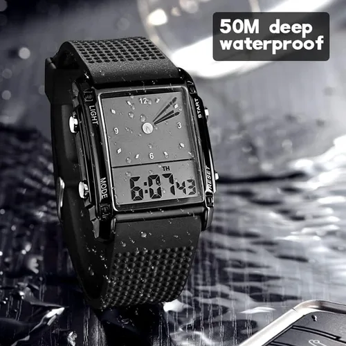 Vista 3 de FANMIS Reloj de pulsera digital analógico con esfera rectangular impermeable para hombre, con cinco retroiluminación LED, color negro, Negro