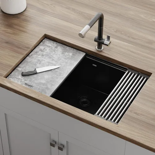 Vista 2 de Ruvati Fregadero de cocina de cuarzo compuesto de granito de 30 pulgadas con estación de trabajo, montaje por debajo y acabado negro mate - RVG2310BK