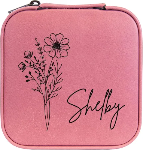 Vista 16 de Joyero de flores de nacimiento personalizado Estuche de viaje (cuero crudo, abril - guisante dulce)
