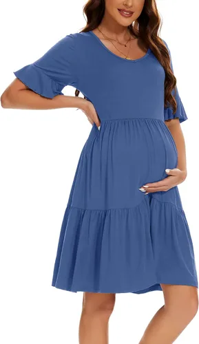 Vista 10 de Smallshow Vestido de maternidad para mujer, con volantes, manga corta, ropa de embarazo de verano Verde militar
