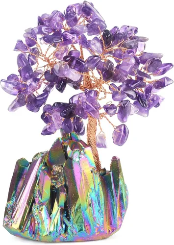 Vista 7 de Decoración de amatista natural, árbol de la vida, de cuarzo, arco iris, base de tatinio, cristales curativos, bonsái de Feng Shui, árbol de dinero