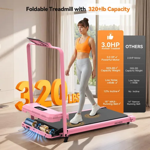 Vista 2 de ANCHEER Walking Pad with Handle Bar, 3.0HP Foldable Walking Pad Treadmill with 12% Incline, 320 LBS Portable Treadmill with Shock Absorption for