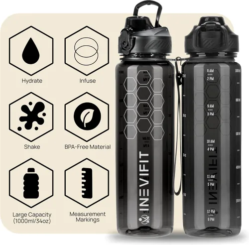 Vista 6 de INEVIFIT Botella de agua deportiva 3 en 1 de 34 onzas, 1 litro, con marcador de tiempo diario, sin BPA, Tritan a prueba de fugas, con filtro infusor