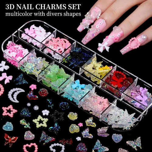 Vista 2 de FANDAMEI Dijes para uñas, kit de diamantes de imitación para uñas con 8 cajas de gemas para uñas, dijes 3D para uñas, diamantes de imitación