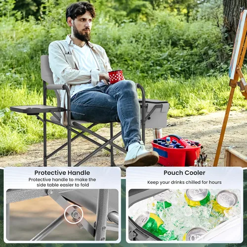 Vista 7 de Director - Silla de campamento – 400 libras resistente con bolsa enfriadora y bandeja lateral plegable, silla de césped portátil al aire libre