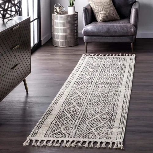Vista 2 de nuLOOM Chenoa - Alfombra tribal a rayas con borlas, 4 x 6, marfil
