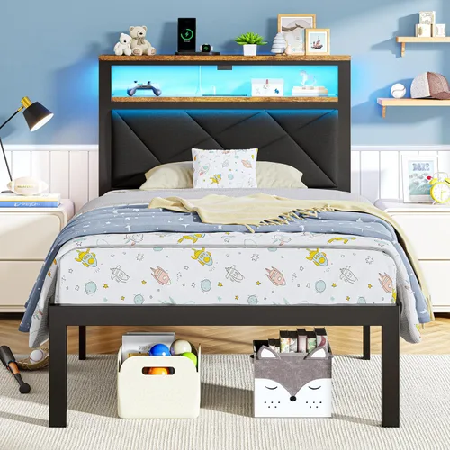 Vista 9 de ChicZhiNest Marco de cama tamaño Twin con estación de carga y luces LED, cama de plataforma de metal con cabecera de madera y estante