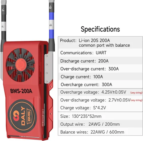 Vista 104 de DALY BMS 72V Li-ion 20S 30A Tablero de protección con cable de equilibrio de puerto común para panel solar autoconstruido, sistema de suministro