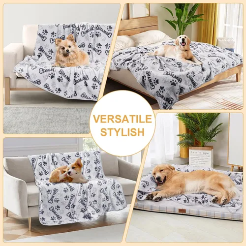 Vista 4 de Manta Suave para Perros para Perros Grandes - Manta Mullida para Mascotas para Gatos y Cachorros, Manta Reversible con Diseño de Huellas de Pata gris