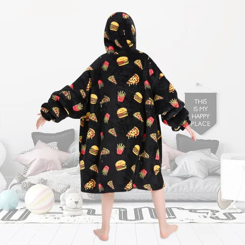 Vista 6 de Fiosnow Manta con capucha de pizza y papas fritas para niños de 6 a 13 años, manta de gran tamaño para niños, niñas y adolescentes Pizza negra
