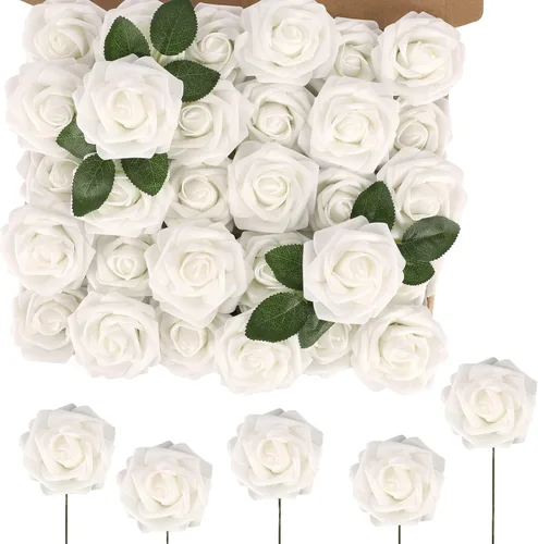 Vista 51 de MACTING 30 PCS Flores Artificiales Rosas Negras y Blancas Flores Falsas con Tallo Rosas de Espuma de Tacto Real para Boda Bola de Besos Ramillete