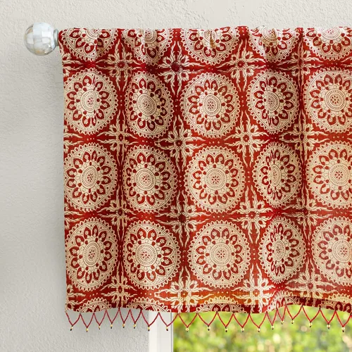 Vista 31 de Saffron Marigold Cortina de cenefa impresa a mano con ribete de cuentas, velo de novia blanco, perfecta para cocina, dormitorio, baño, comercio