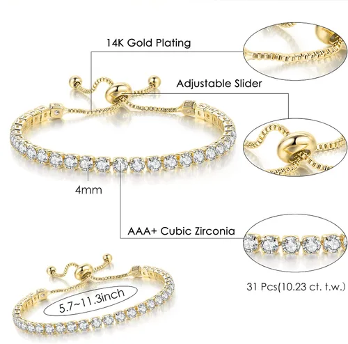 Vista 4 de YOYUNLUO 3 Pcs Tennis Bracelets for Women 14K Gold Plated 4mm 5A+ Cubic Zirconia CZ Diamond Classic Adjustable Slider Bracelet Fashion Jewelry
