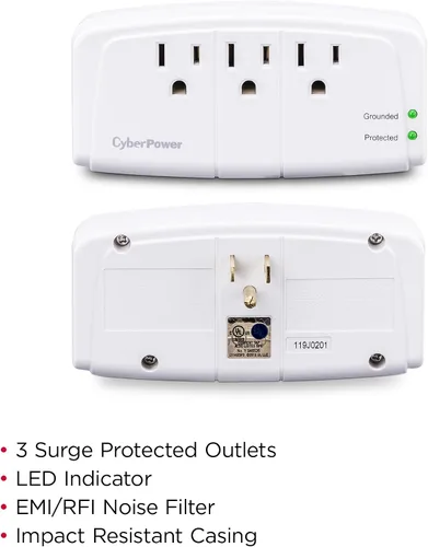 Vista 5 de Protector de sobretensión para 1 enchufe, de la marca CyberPower, 100 W, 900 J 3 tomas de corriente