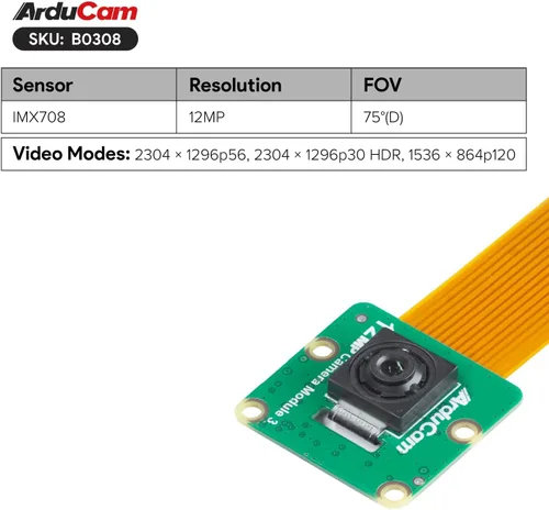 Vista 2 de Arducam para Raspberry Pi Cámara Módulo 3, 12MP IMX708 75° (D) Foco fijo Pi Cámara V3, para Raspberry Pi 5/4B/3B+, Zero