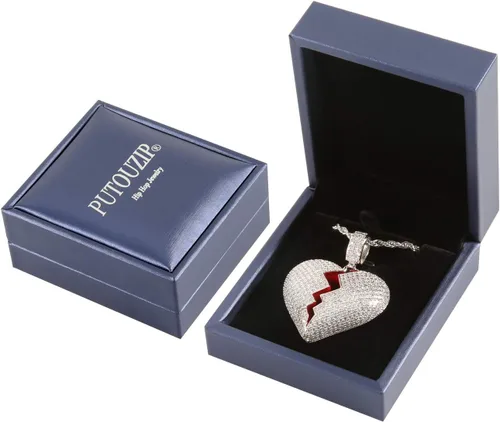 Vista 6 de putouzip Men Broken Heart Chains 18k Gold Plated Fully Iced Out Pendant Link Chain Necklace