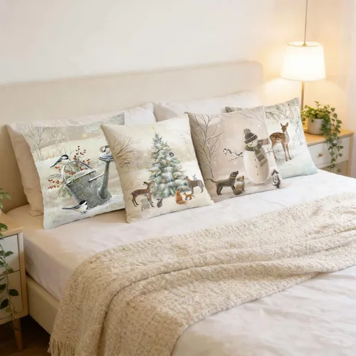 Vista 4 de Funda de Almohada Decorativa de Animales Navideños - 18 x 18 Pulgadas Funda de Almohada de Mascota Muñeco de Nieve Jarrón Ciervo Perro Conejo Pájaro