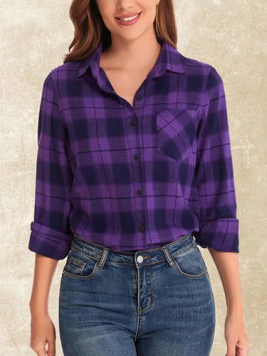 Vista 2 de Camisa de franela de algodón a cuadros para mujer, blusa casual de manga larga con botones