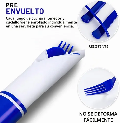 Vista 7 de Juego de 400 cubiertos de plástico azul preenrollados, cubiertos azules resistentes, incluye 100 utensilios desechables envueltos con servilletas