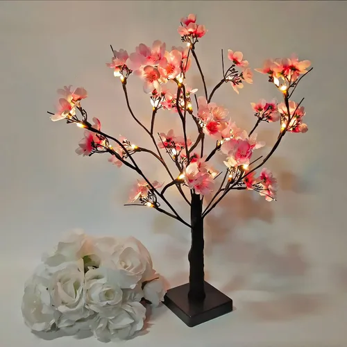 Vista 4 de Árbol de cerezo iluminado, 21.7 pulgadas, 24 luces LED artificiales de mesa de cerezo bonsái, funciona con pilas, decoración de árbol de flores