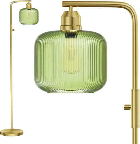Vista 10 de Lámpara de pie de cristal para sala de estar, moderna lámpara de pie con pantalla de vidrio acanalado verde e interruptor de pedal, lámpara de pie